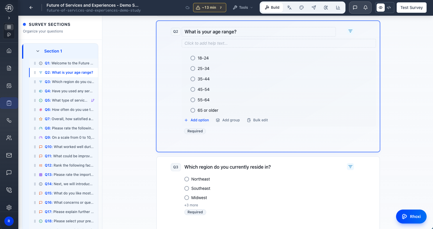 Quali-Fi survey builder with survey sections sidebar and the age-range question editor open